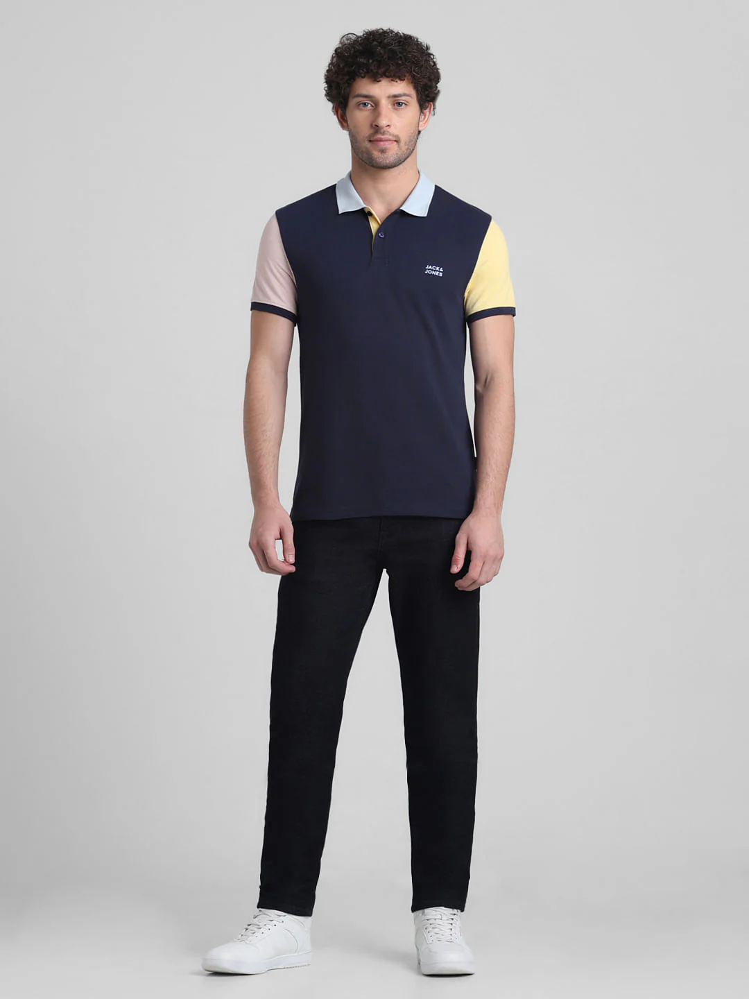Navy Blue Cotton Colourblocked Polo - Image 6