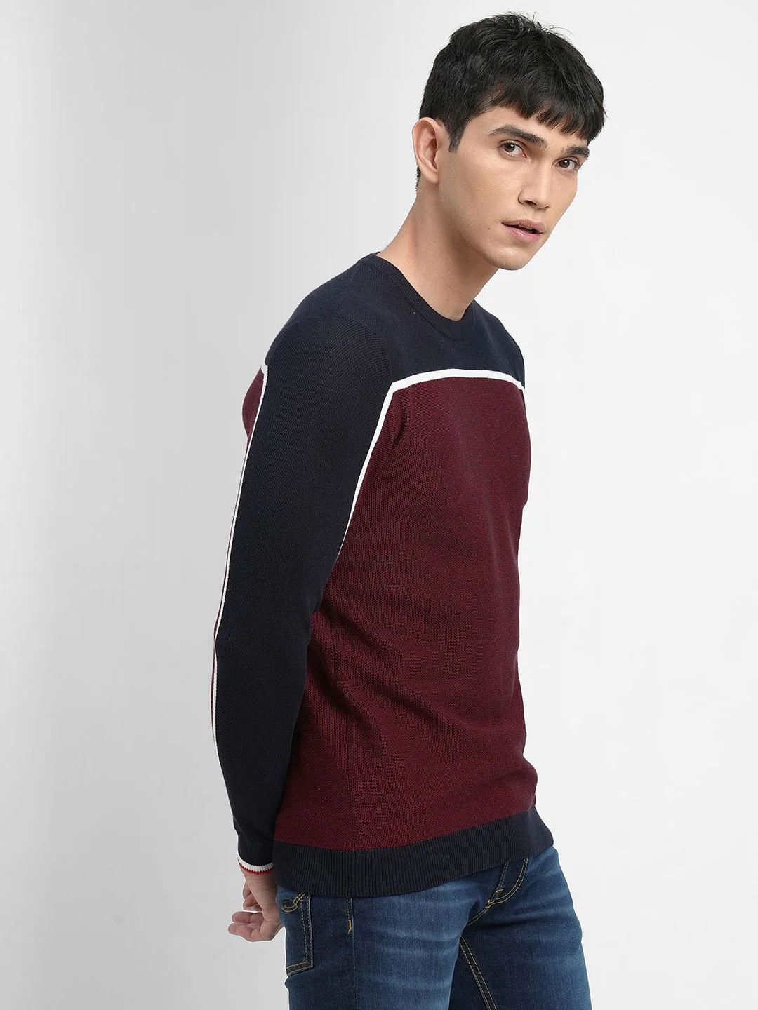 Dark Red Colourblocked Cotton Pullover - Image 3