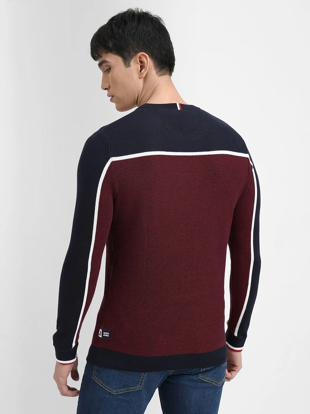 Dark Red Colourblocked Cotton Pullover - Image 4