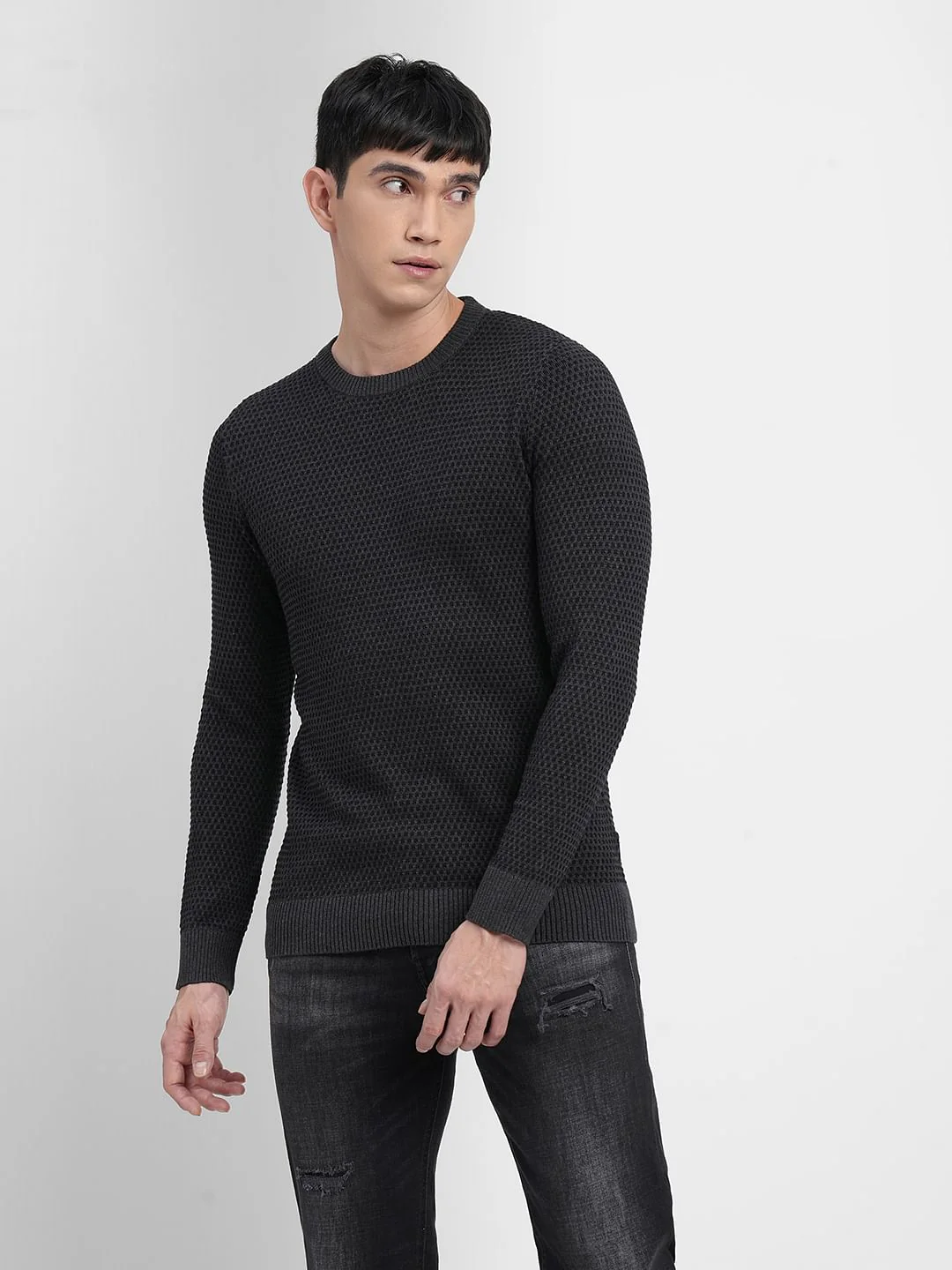 Dark Grey Textured Cotton Sweater - Image 2