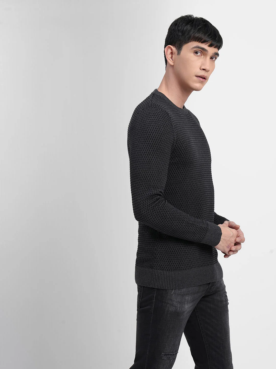 Dark Grey Textured Cotton Sweater - Image 3