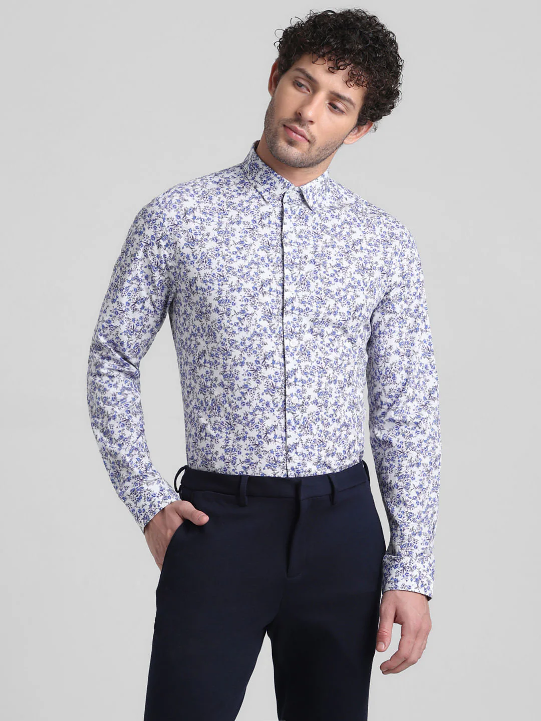 Blue Floral Print Full Sleeves Shirt - Image 2