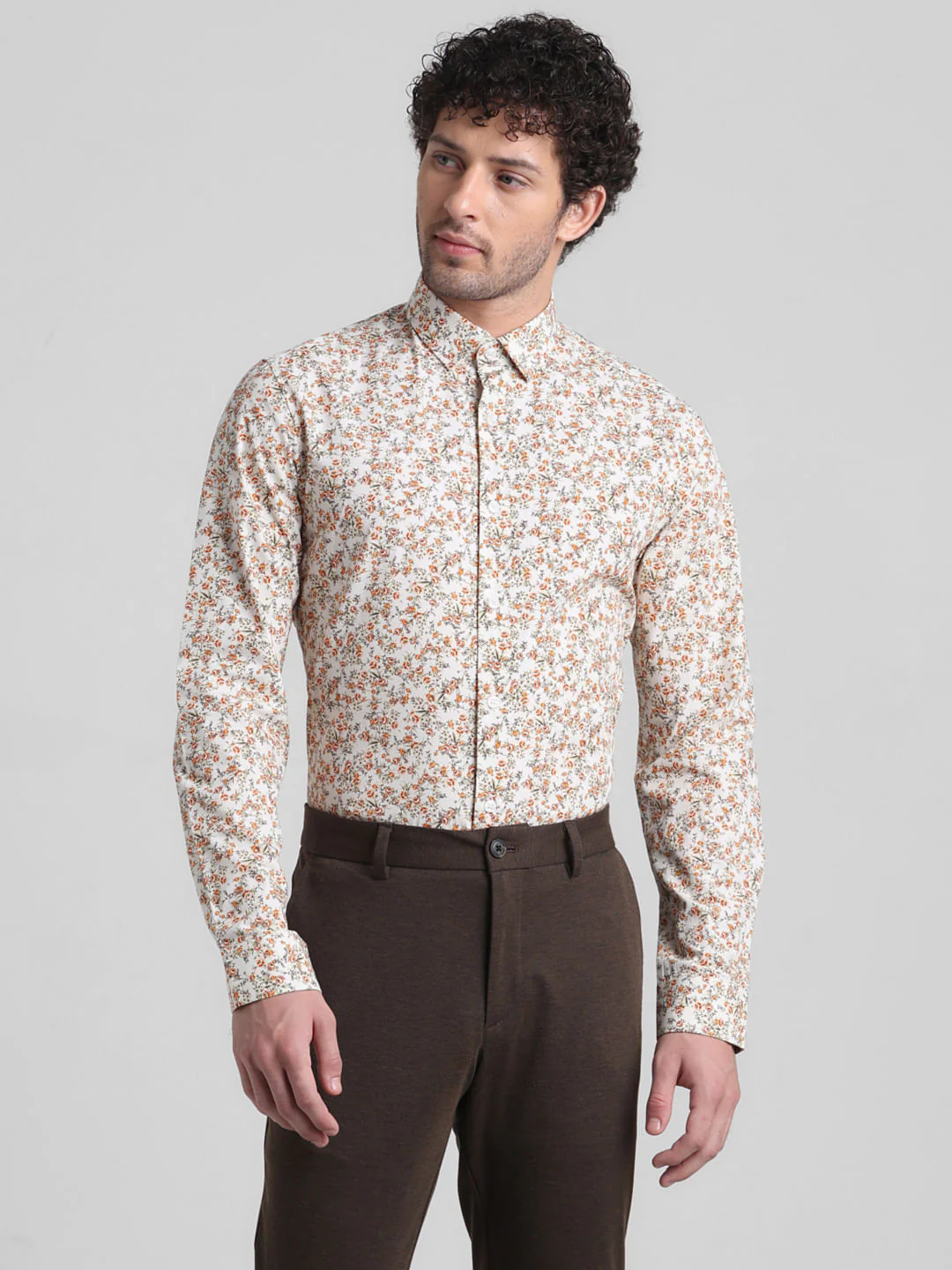 Beige Floral Print Full Sleeves Shirt - Image 2