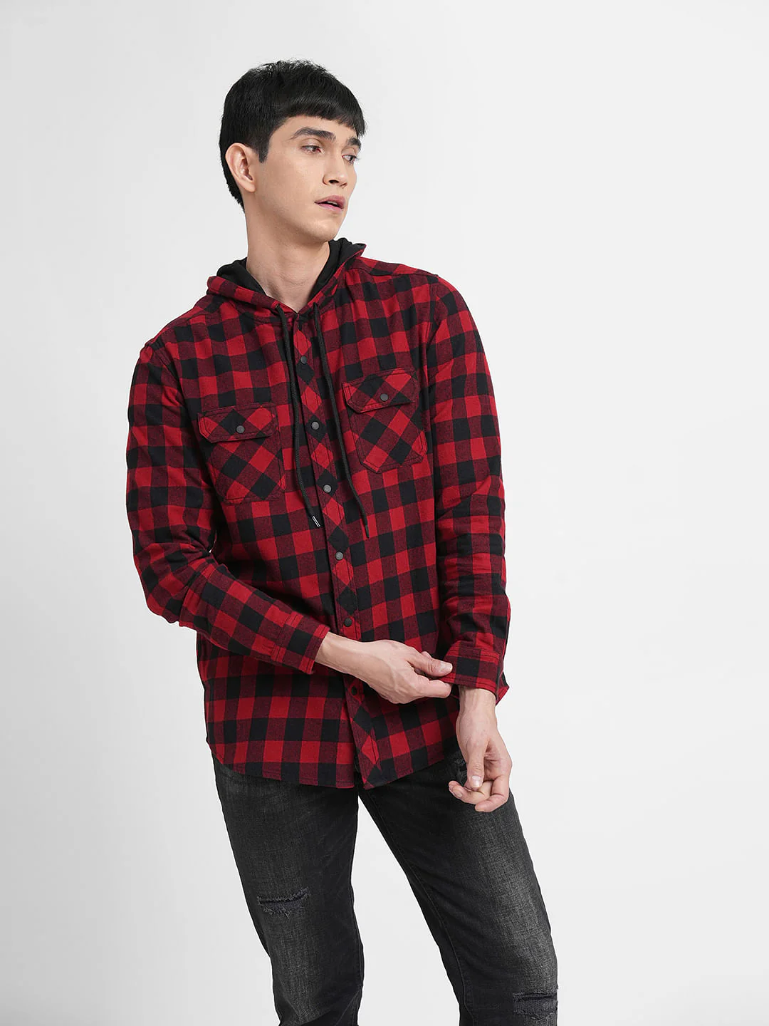 Red Check Hooded Full Sleeves Shirt - Image 2