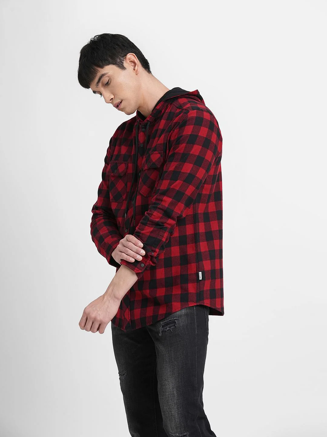Red Check Hooded Full Sleeves Shirt - Image 3