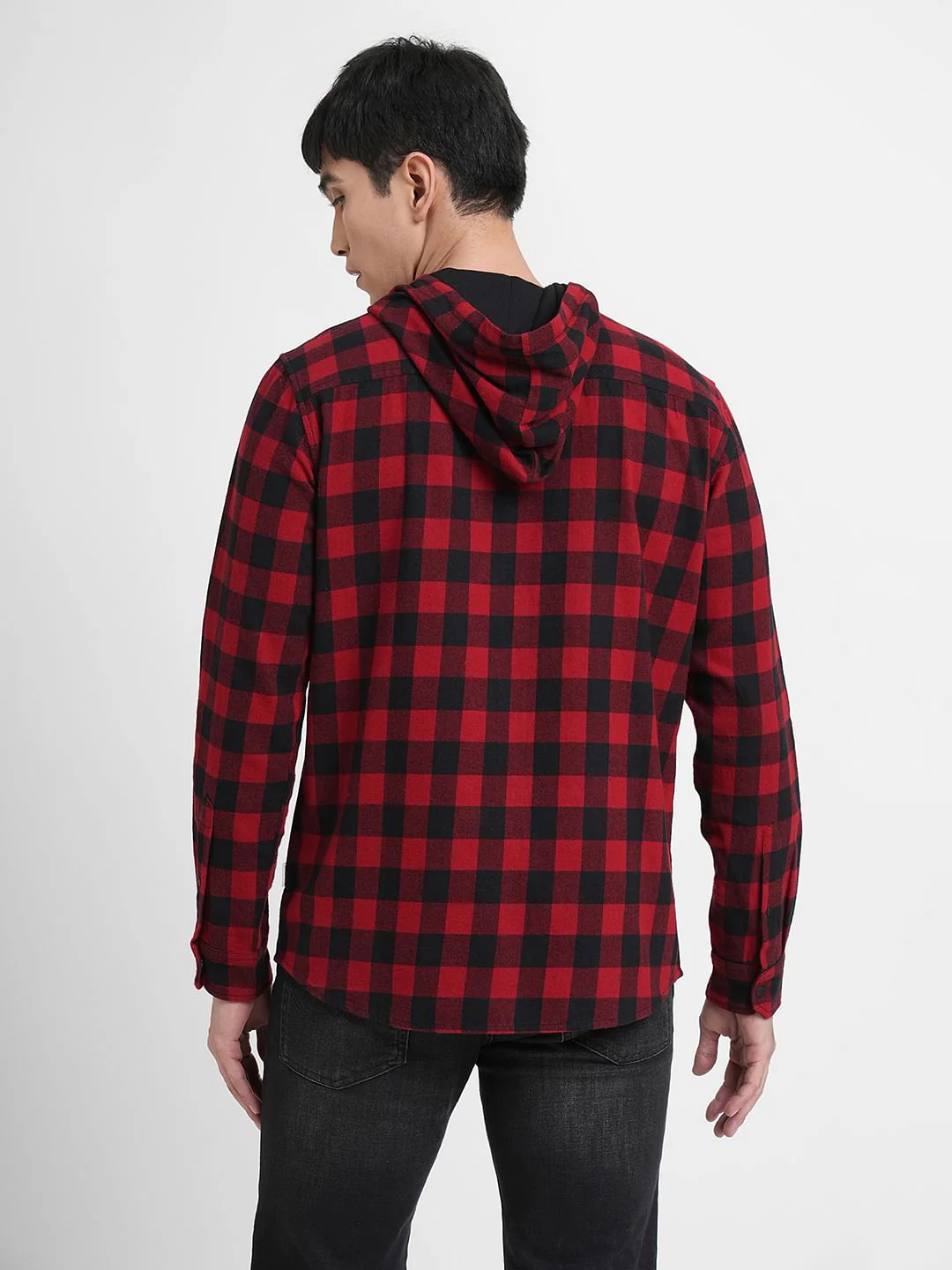 Red Check Hooded Full Sleeves Shirt - Image 4