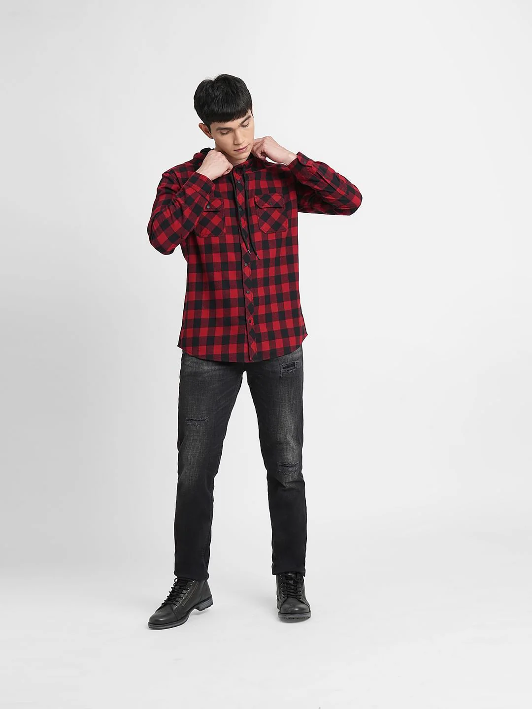 Red Check Hooded Full Sleeves Shirt - Image 6