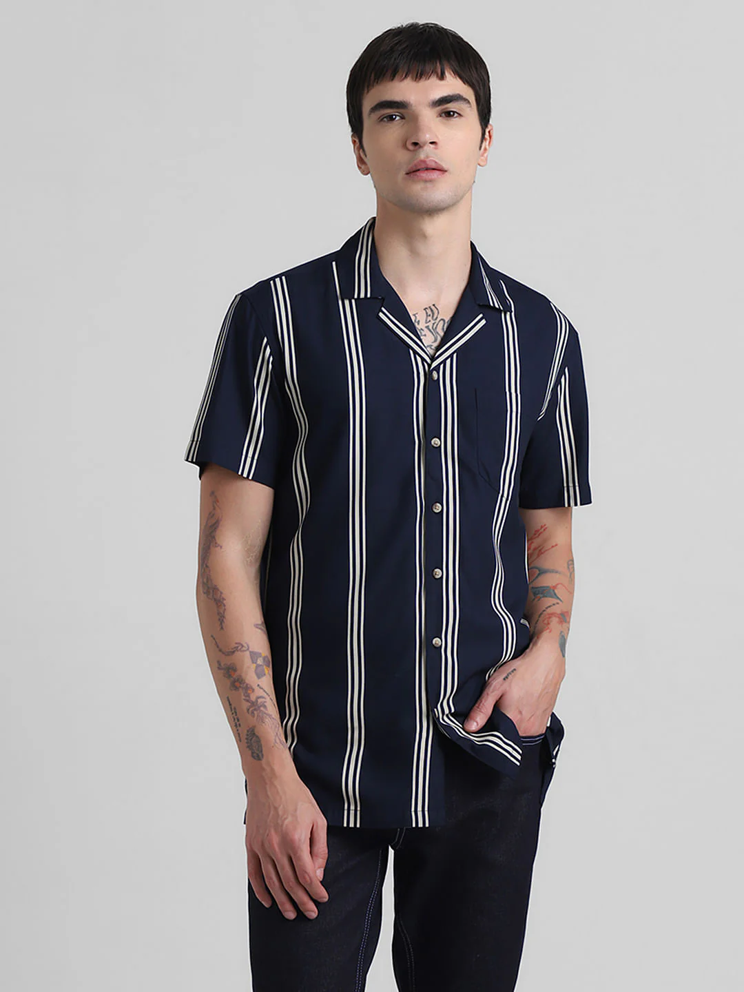 Navy Blue Striped Short Sleeves Shirt - Image 2