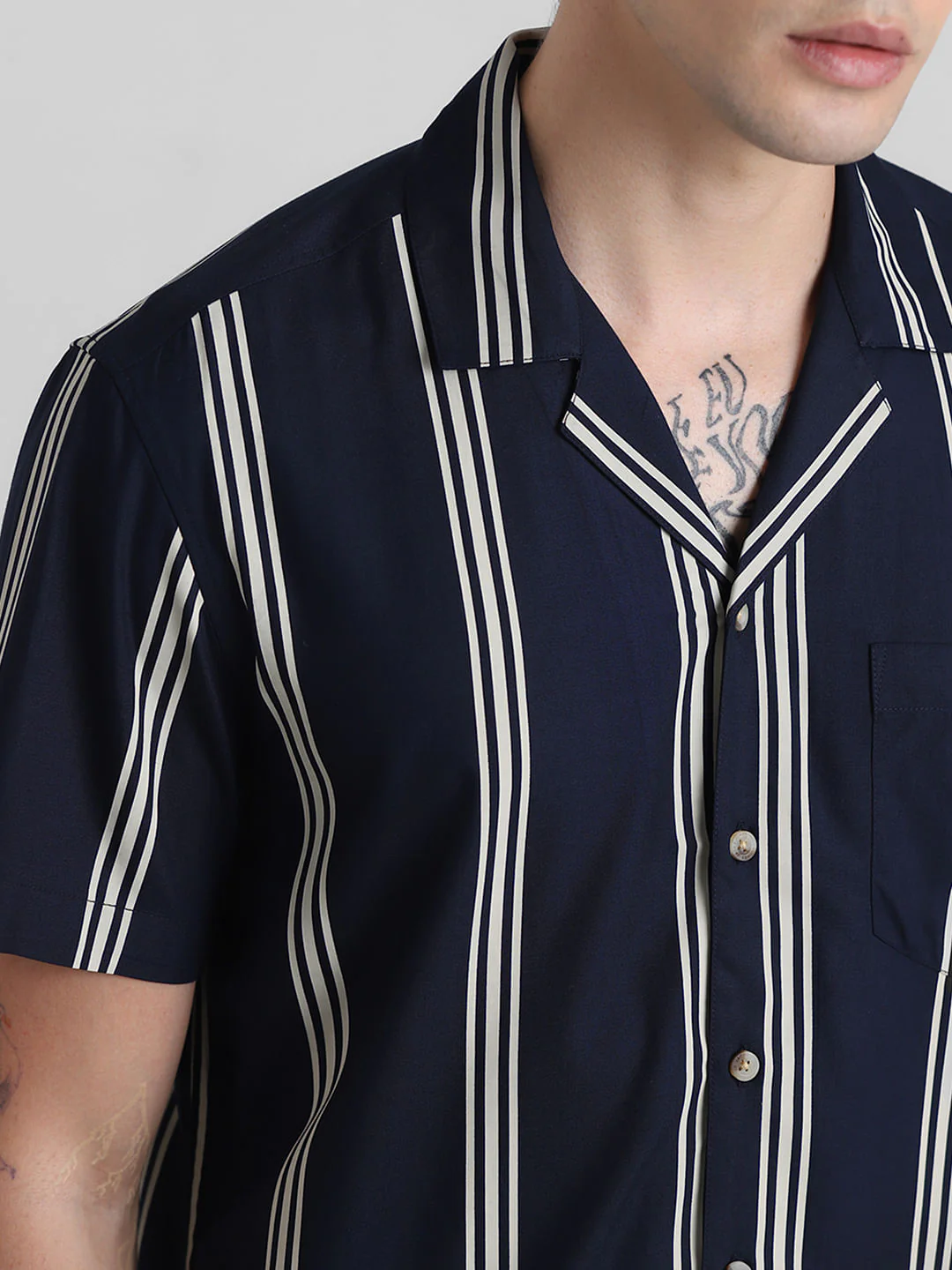 Navy Blue Striped Short Sleeves Shirt - Image 5