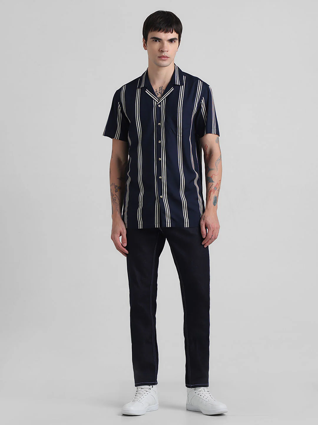 Navy Blue Striped Short Sleeves Shirt - Image 6