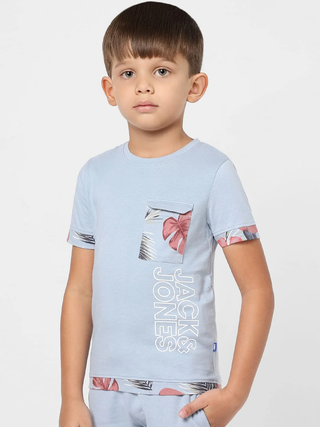 Boys Blue Floral Tipping Logo Print Crew Neck T-shirt - Image 3