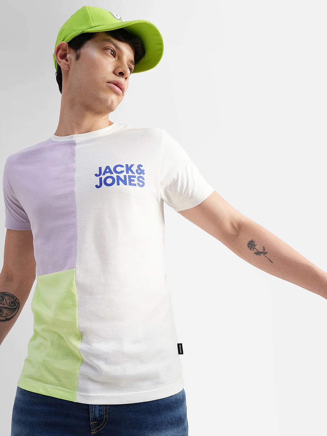 White Colourblocked Crew Neck T-shirt