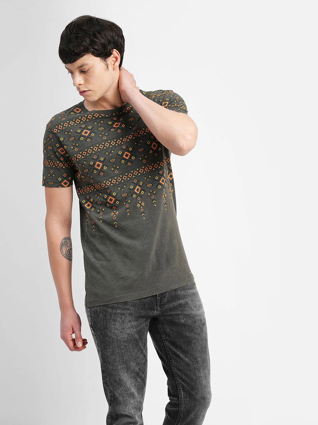Grey Abstract Print Crew Neck T-shirt - Image 2