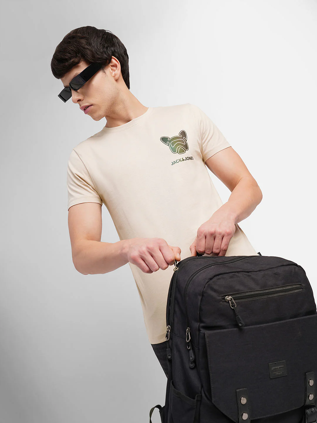 Beige Logo Print Crew Neck T-shirt