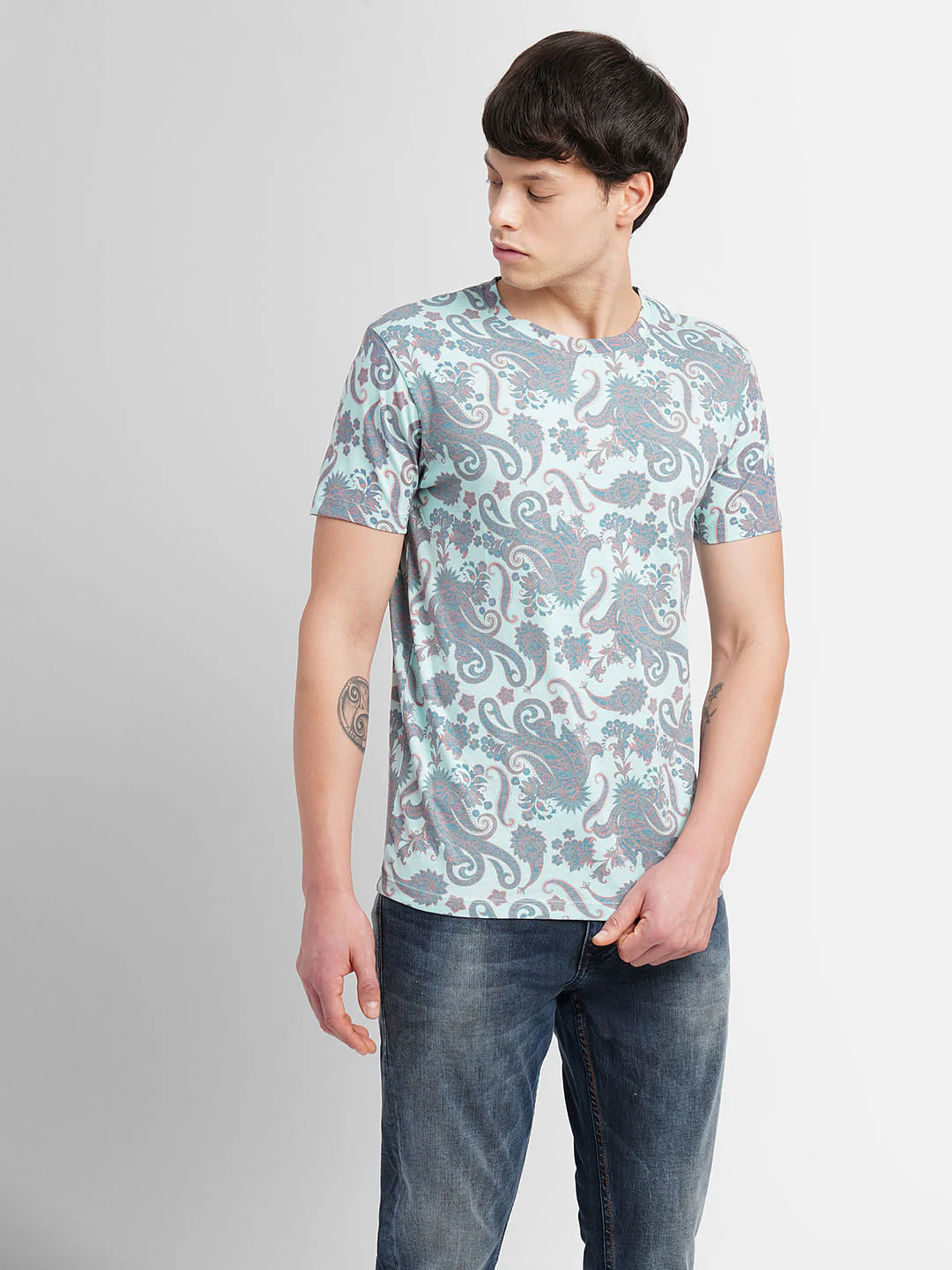 Turquoise Abstract Print Crew Neck T-shirt - Image 2