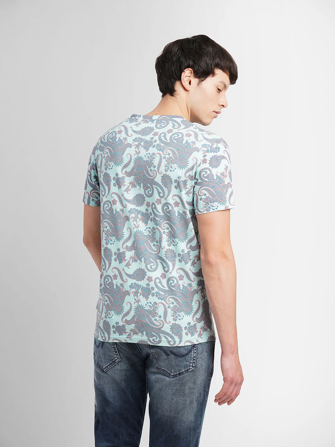 Turquoise Abstract Print Crew Neck T-shirt - Image 4