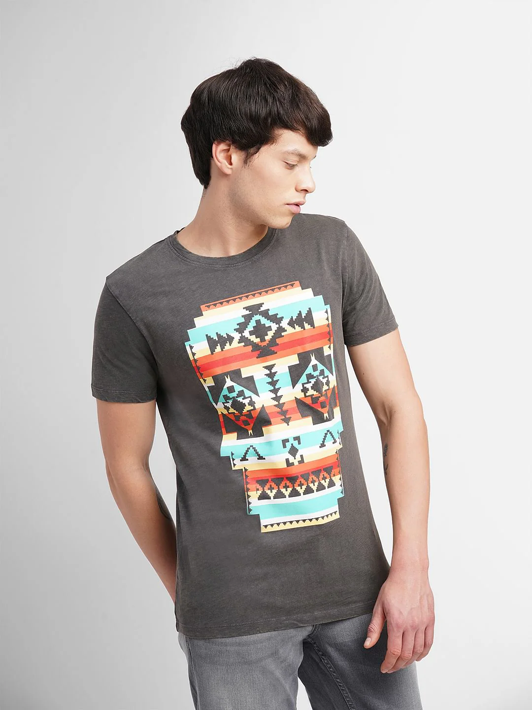Grey Graphic Print Crew Neck T-shirt - Image 2
