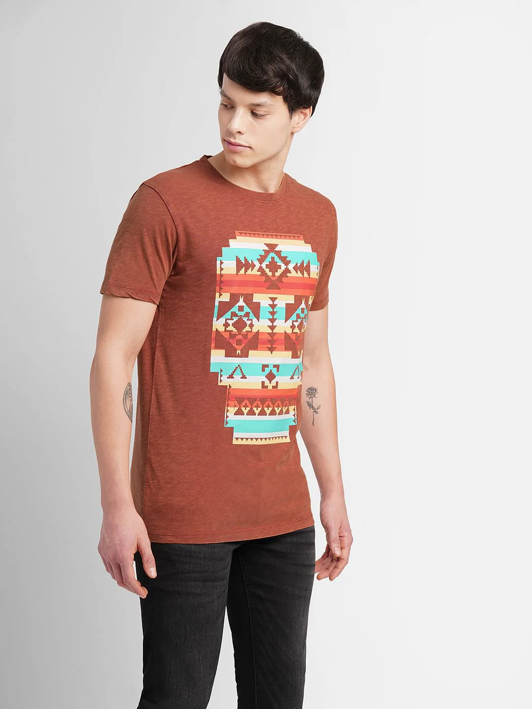 Brown Graphic Print Crew Neck T-shirt - Image 2