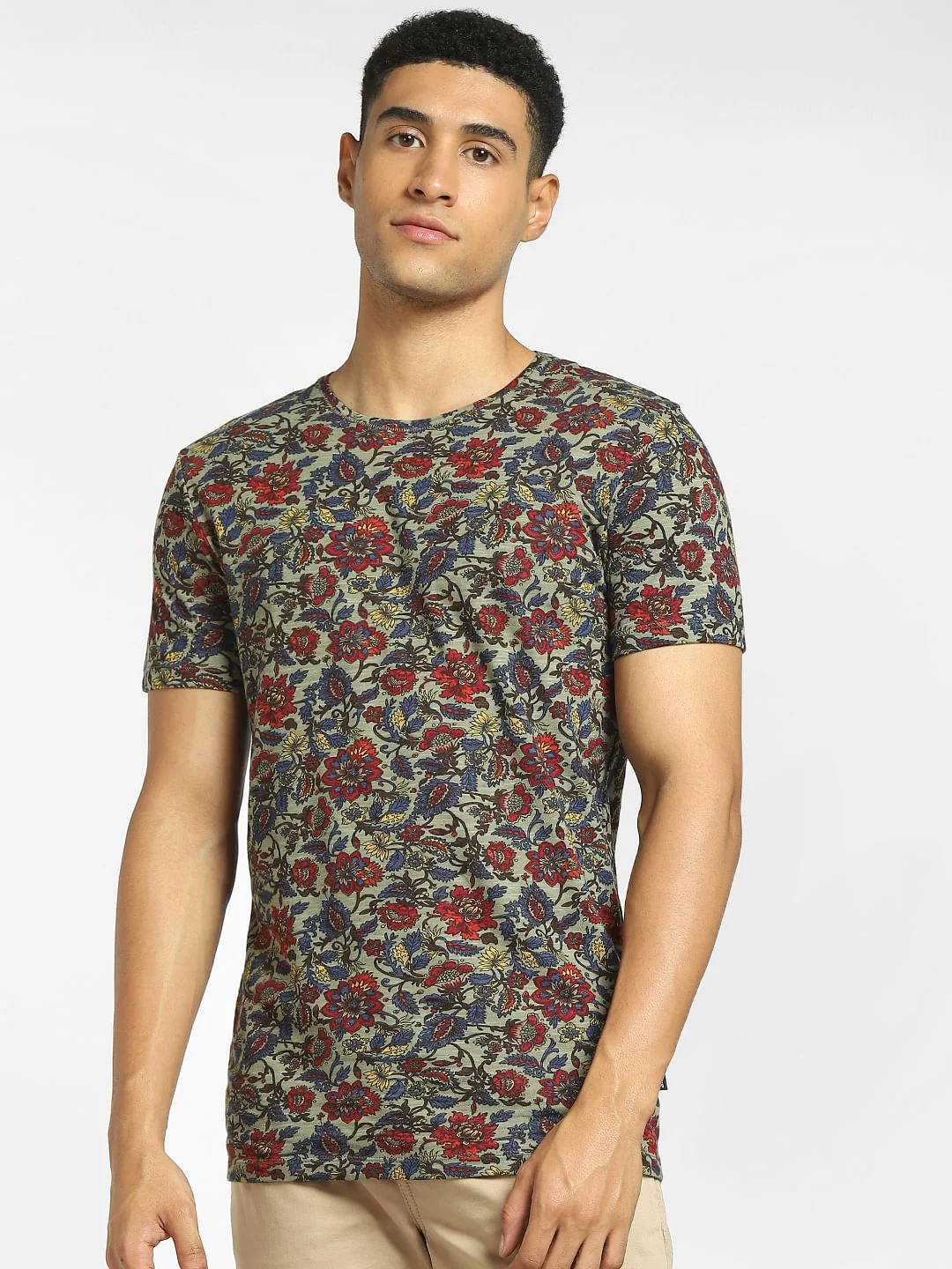 Green Floral Print Crew Neck T-shirt - Image 2