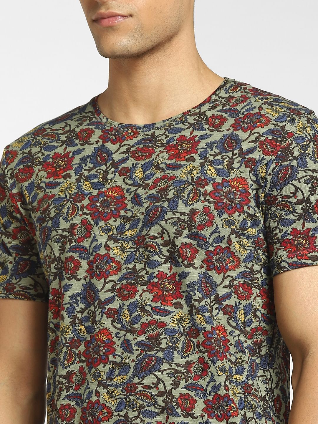 Green Floral Print Crew Neck T-shirt - Image 5