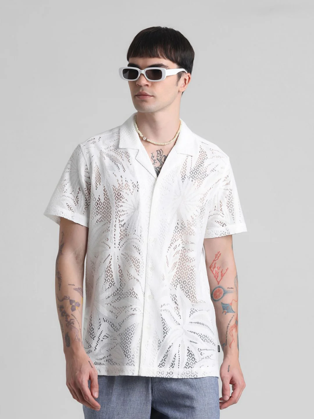 White Crochet Short Sleeves Shirt