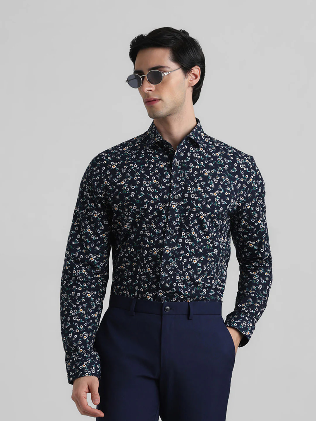 Dark Blue Floral  Full Sleeves Shirt