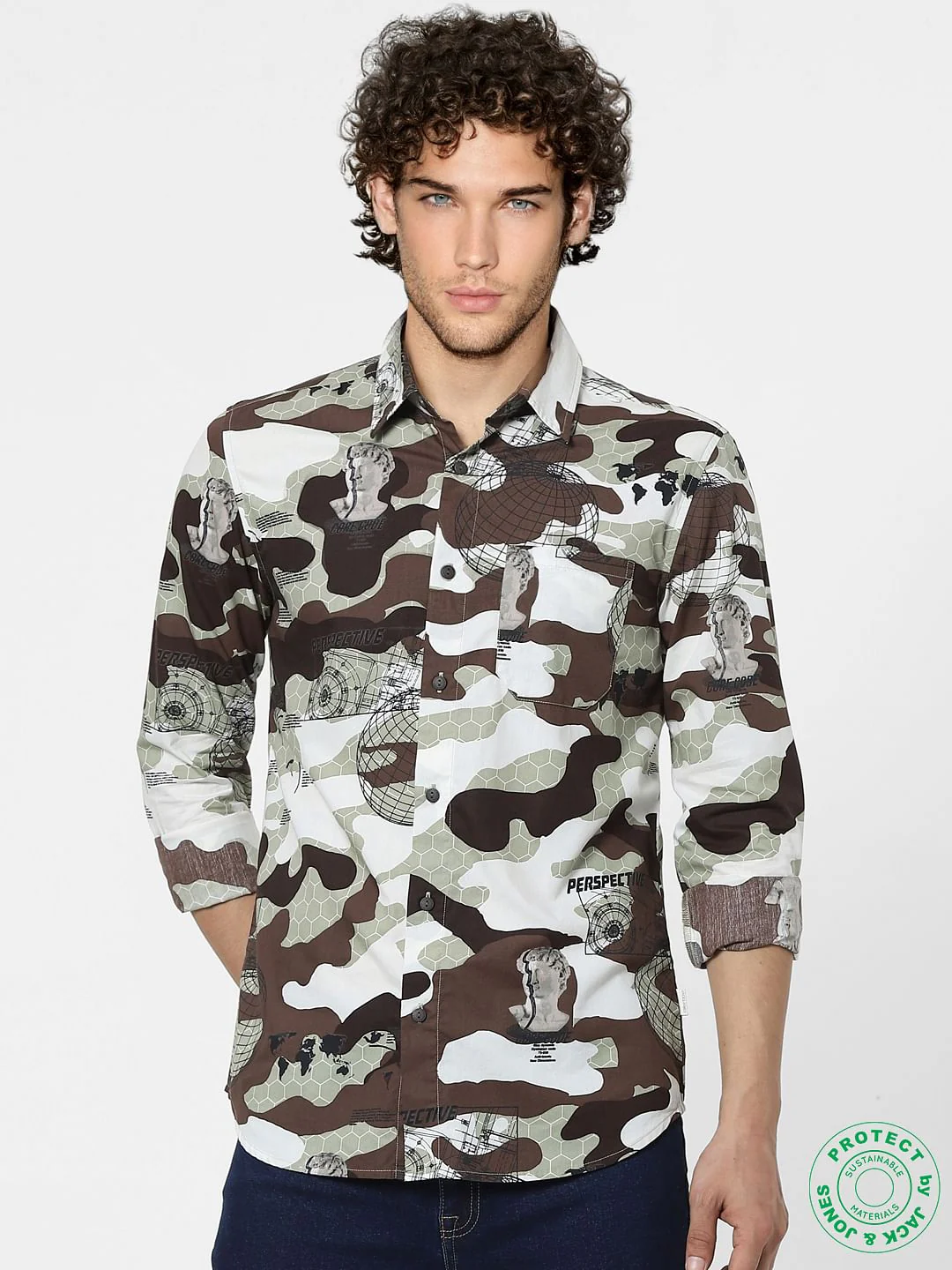 White & Brown Abstract Print Full Sleeves Shirt - Image 2