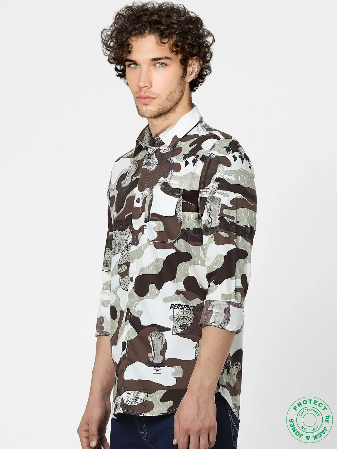 White & Brown Abstract Print Full Sleeves Shirt - Image 3