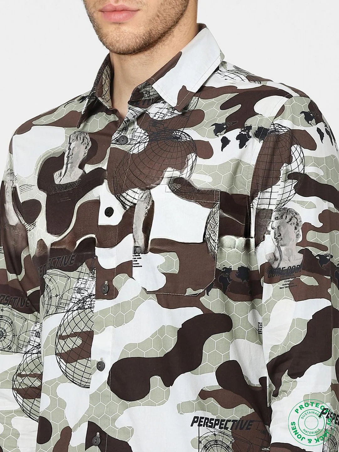 White & Brown Abstract Print Full Sleeves Shirt - Image 5