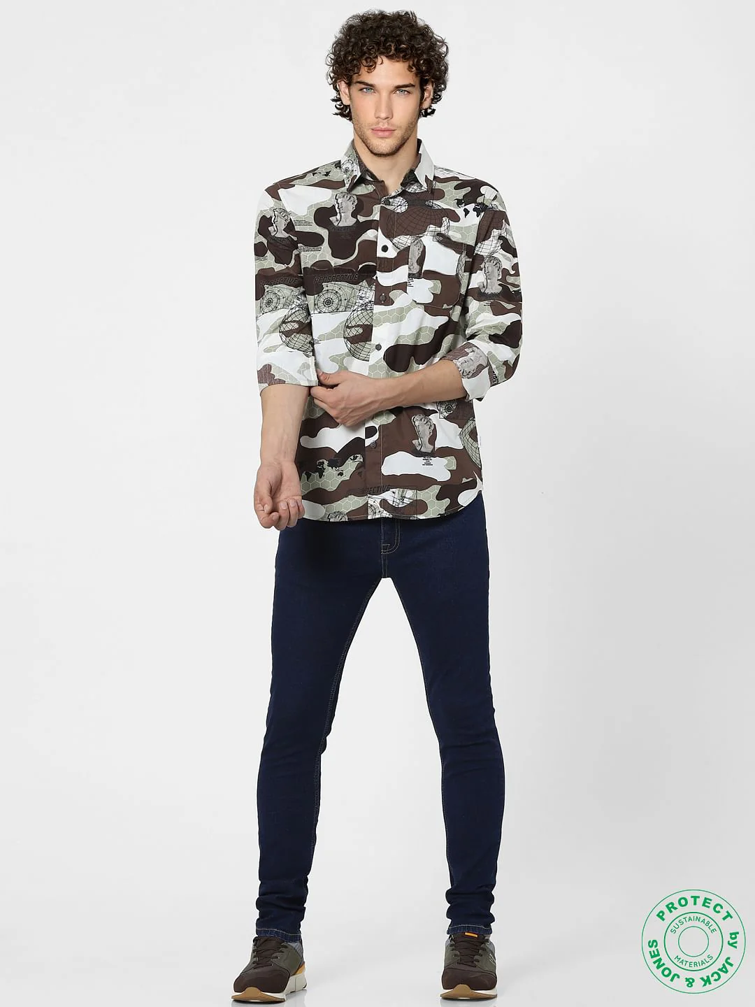 White & Brown Abstract Print Full Sleeves Shirt - Image 6