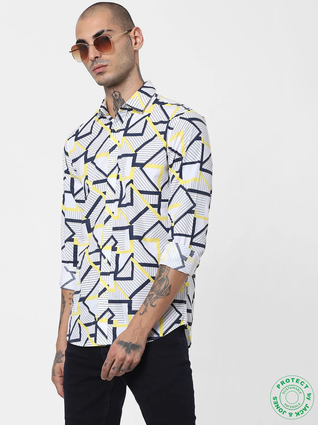 White Abstract Print Full Sleeves Shirt