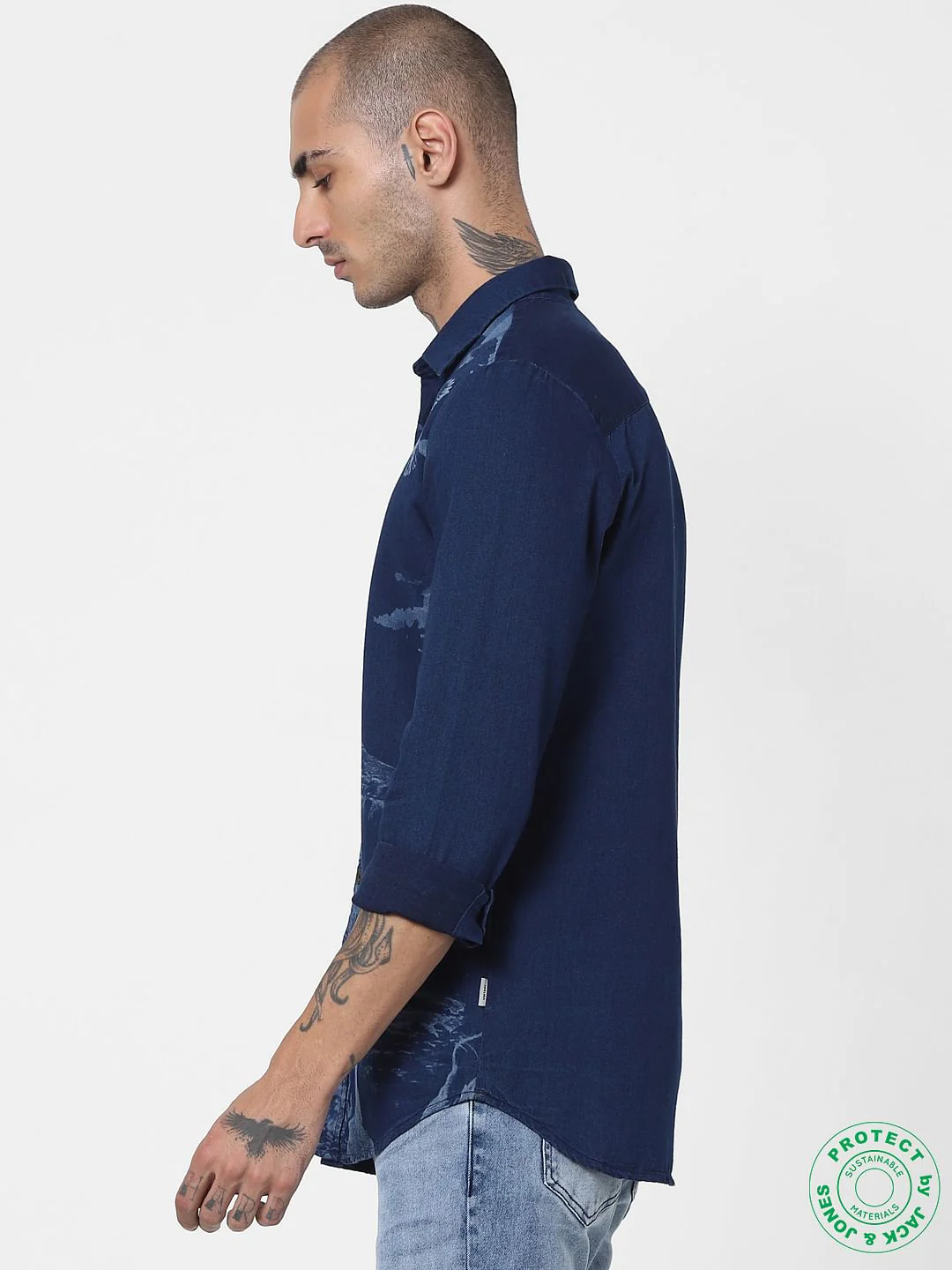 Blue Denim Printed Full Sleeves Shirt - Image 3