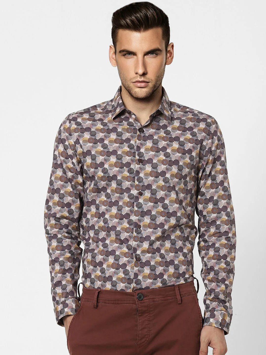 Brown Printed Full Sleeves Shirt - Image 2