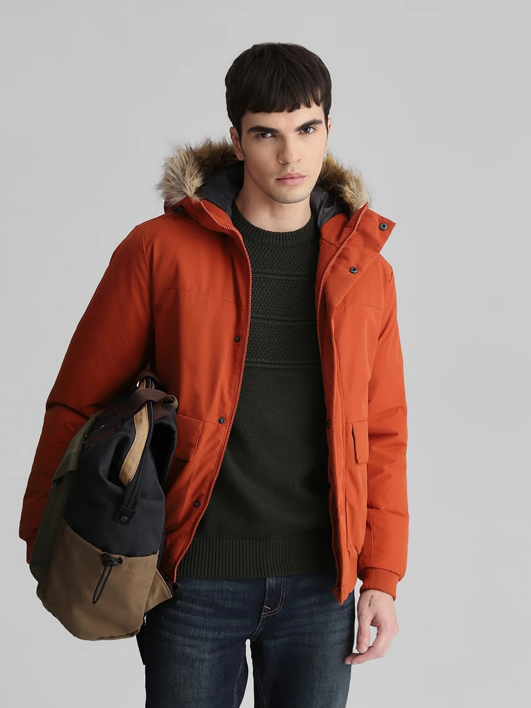 Rust Brown Faux Fur Hooded Jacket