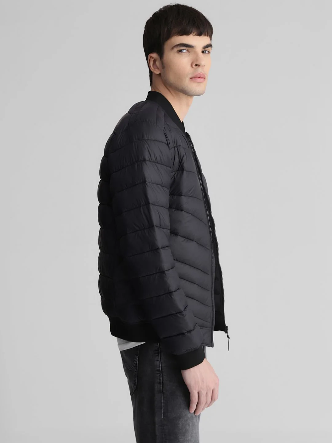 Black Quilted Bomber Jacket - Image 3