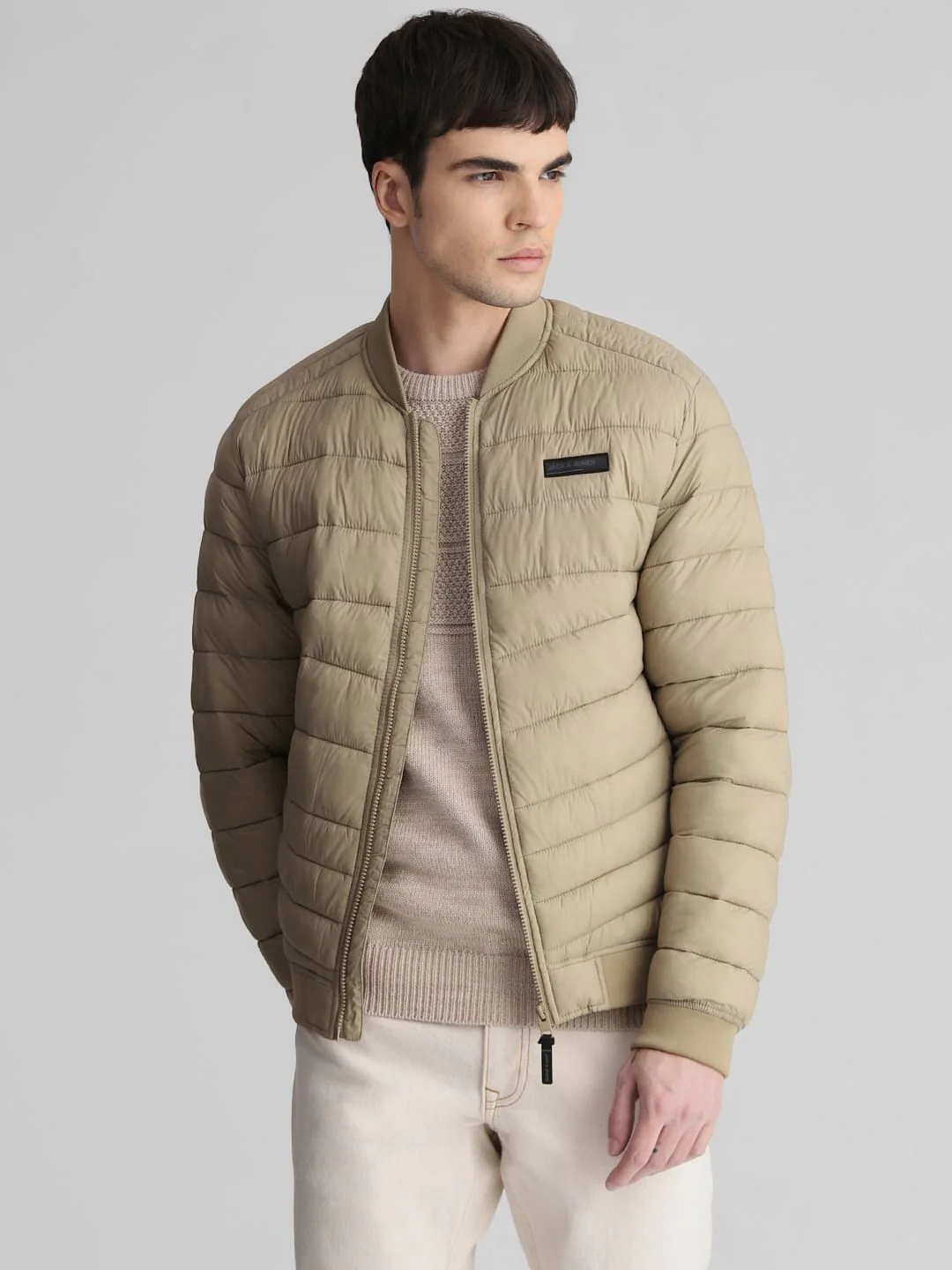 Beige Quilted Bomber Jacket - Image 2
