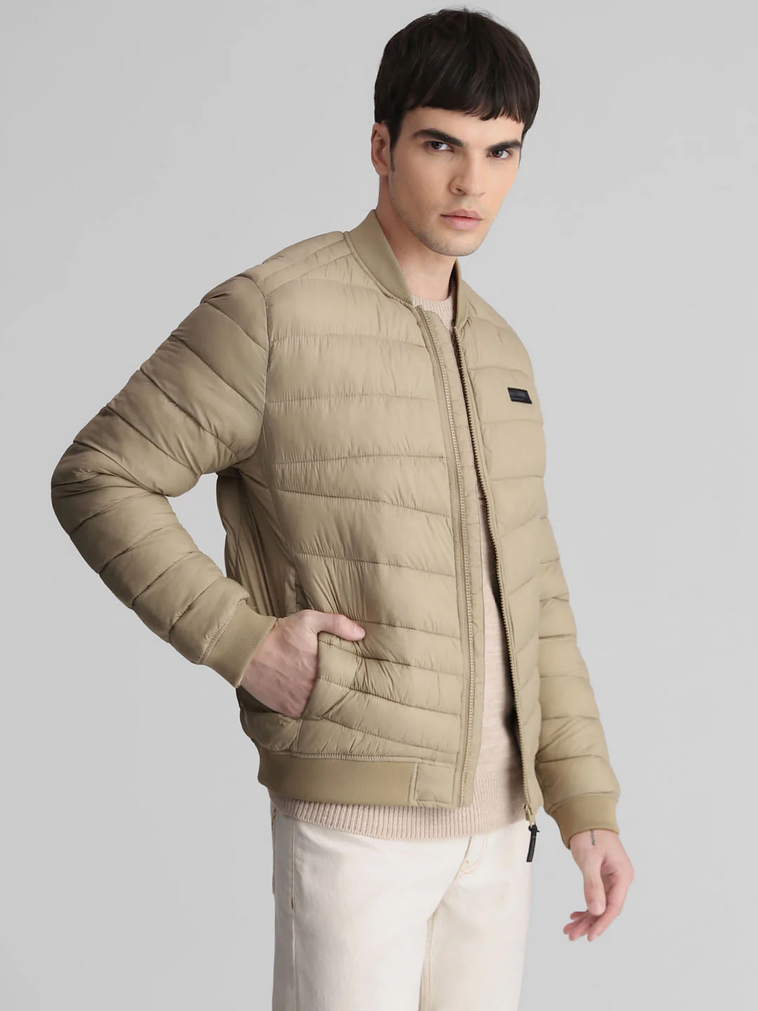 Beige Quilted Bomber Jacket - Image 3