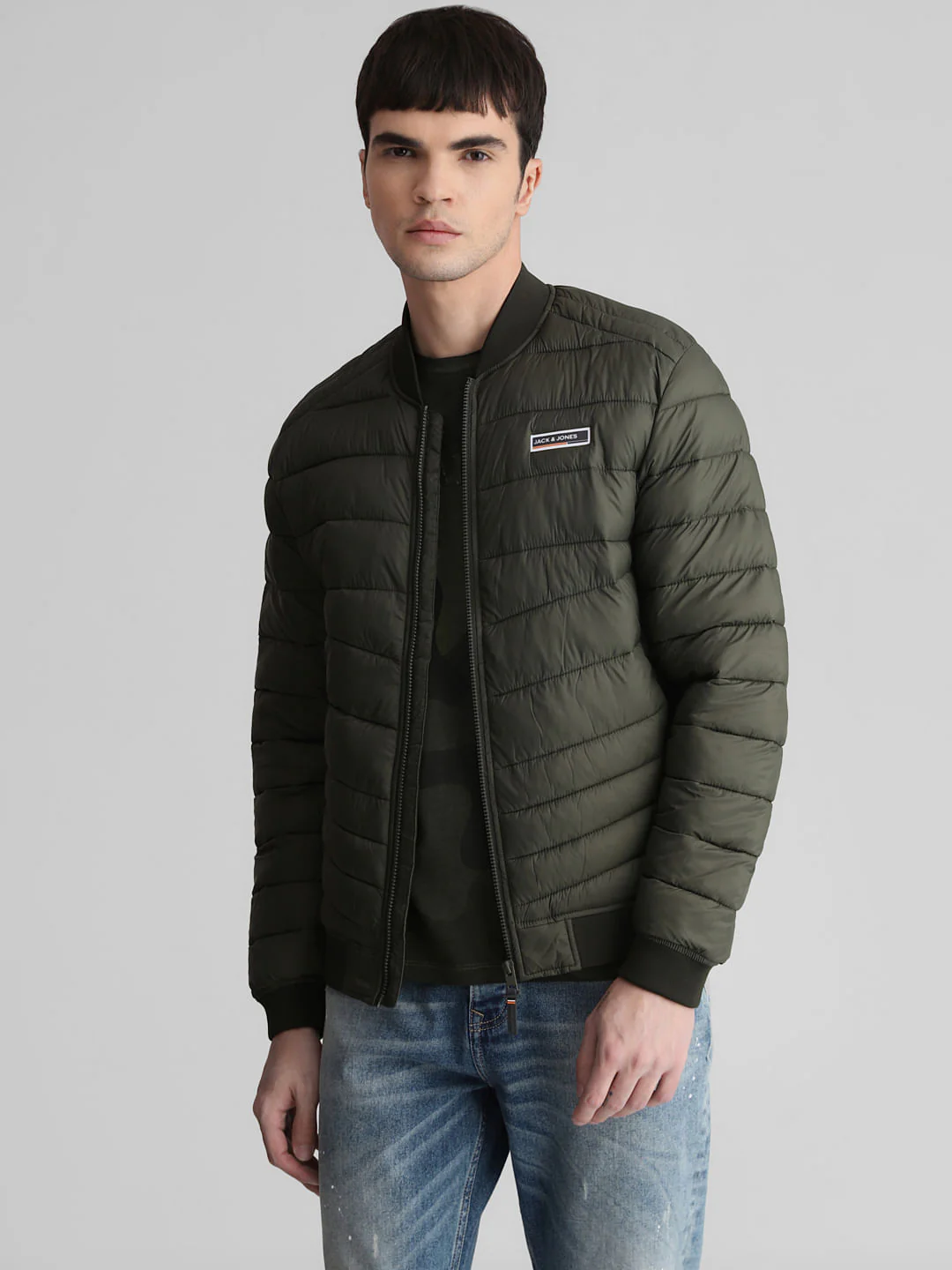 Dark Green Quilted Bomber Jacket - Image 2