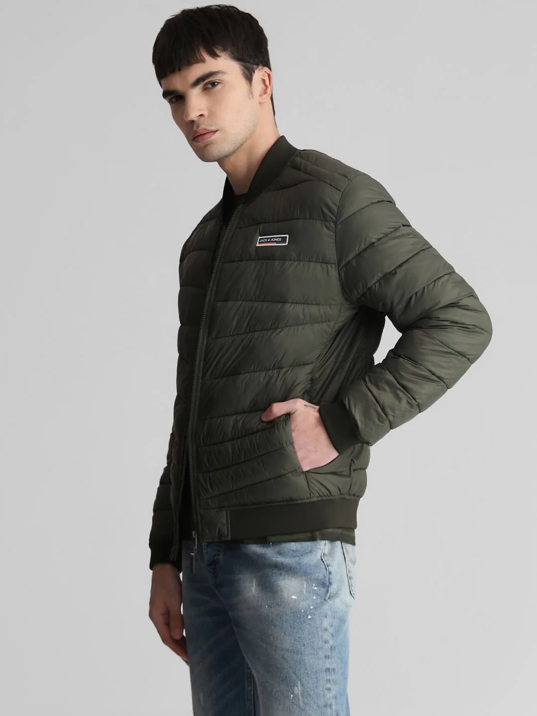 Dark Green Quilted Bomber Jacket - Image 3