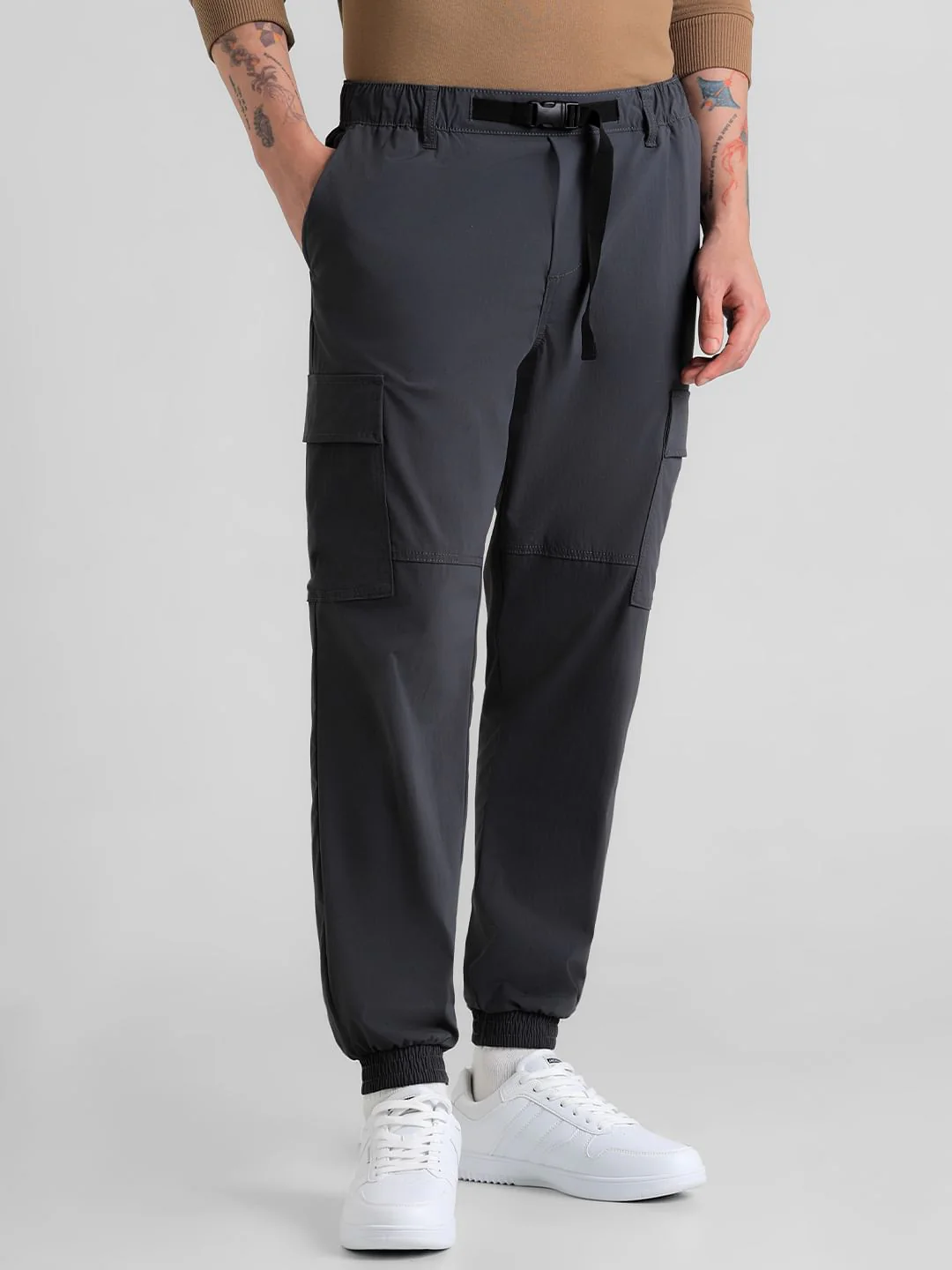Grey Mid Rise Cargo Pants