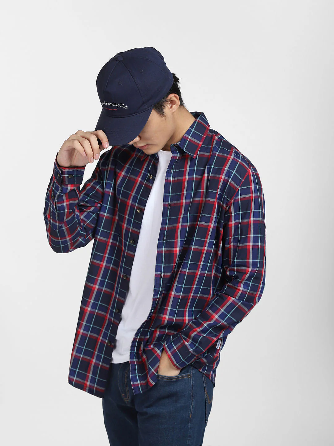 Navy Blue Check Print Full Sleeves Shirt