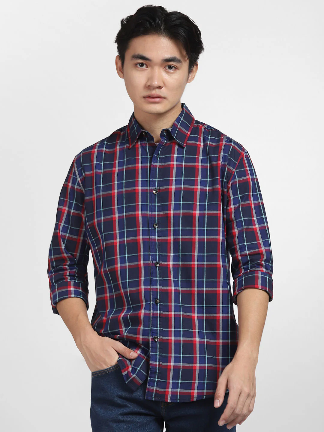 Navy Blue Check Print Full Sleeves Shirt - Image 2