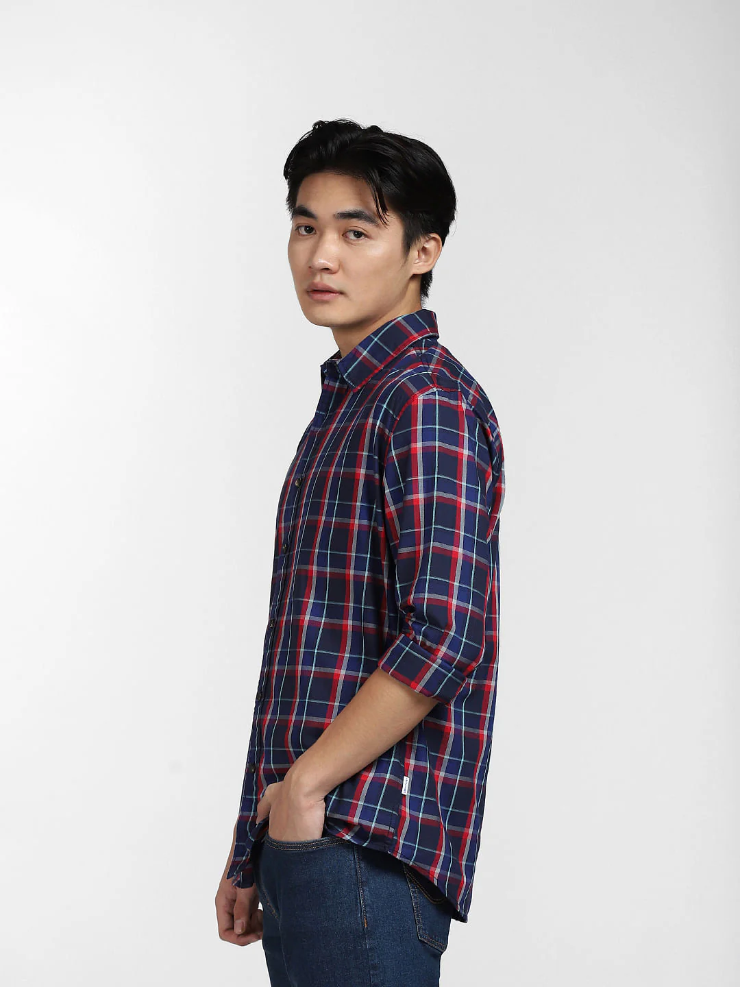 Navy Blue Check Print Full Sleeves Shirt - Image 3