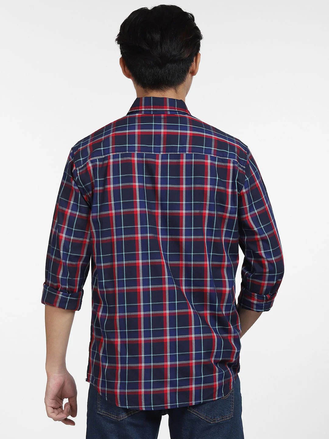 Navy Blue Check Print Full Sleeves Shirt - Image 4
