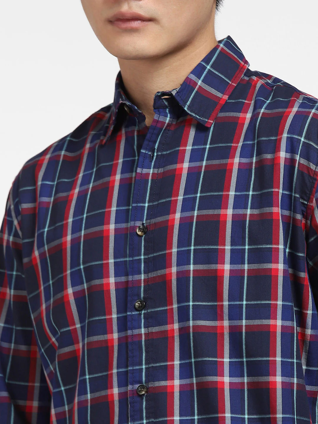 Navy Blue Check Print Full Sleeves Shirt - Image 5