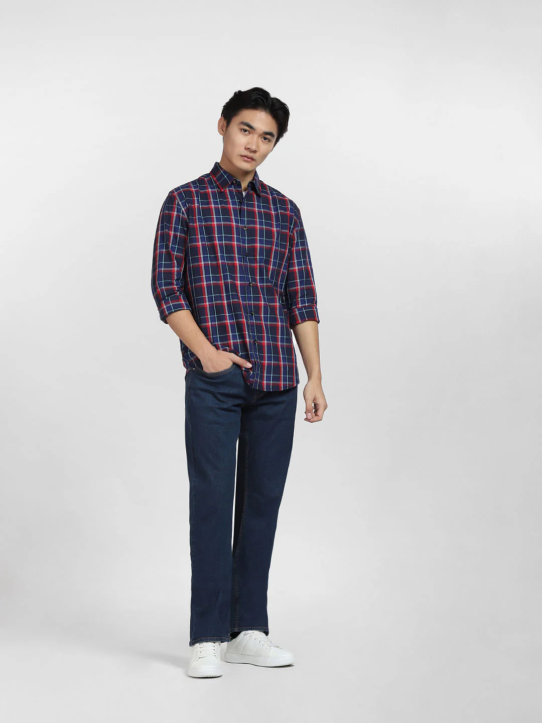 Navy Blue Check Print Full Sleeves Shirt - Image 6