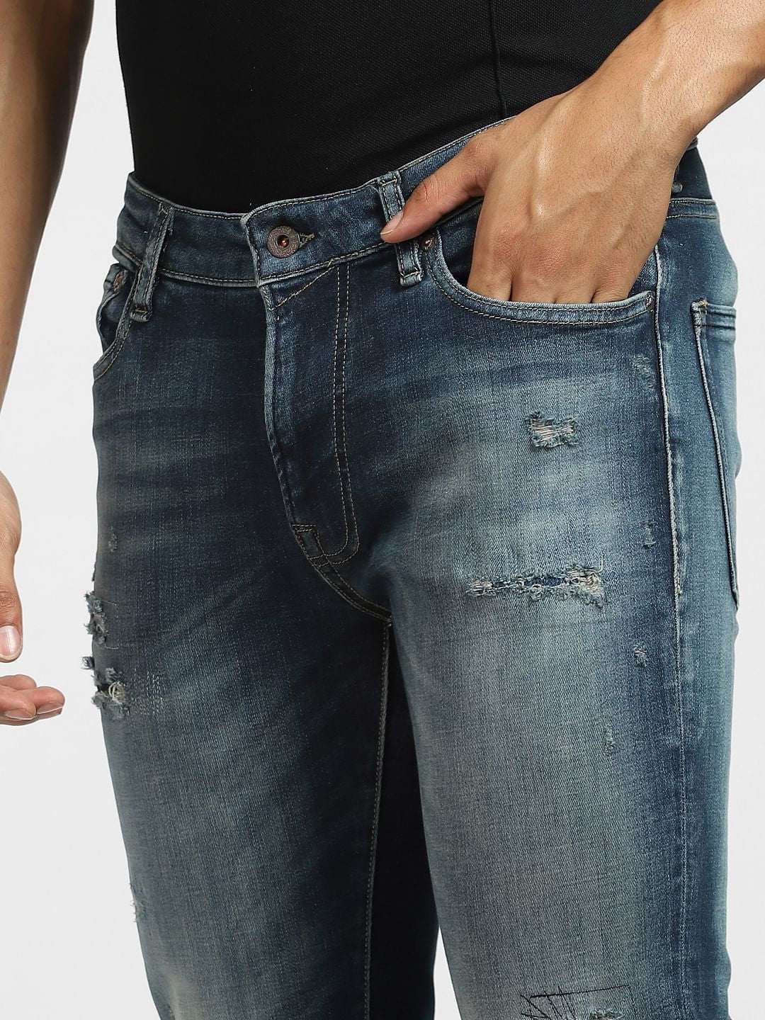 Dark Blue Low Rise Distressed Liam Skinny Jeans - Image 5