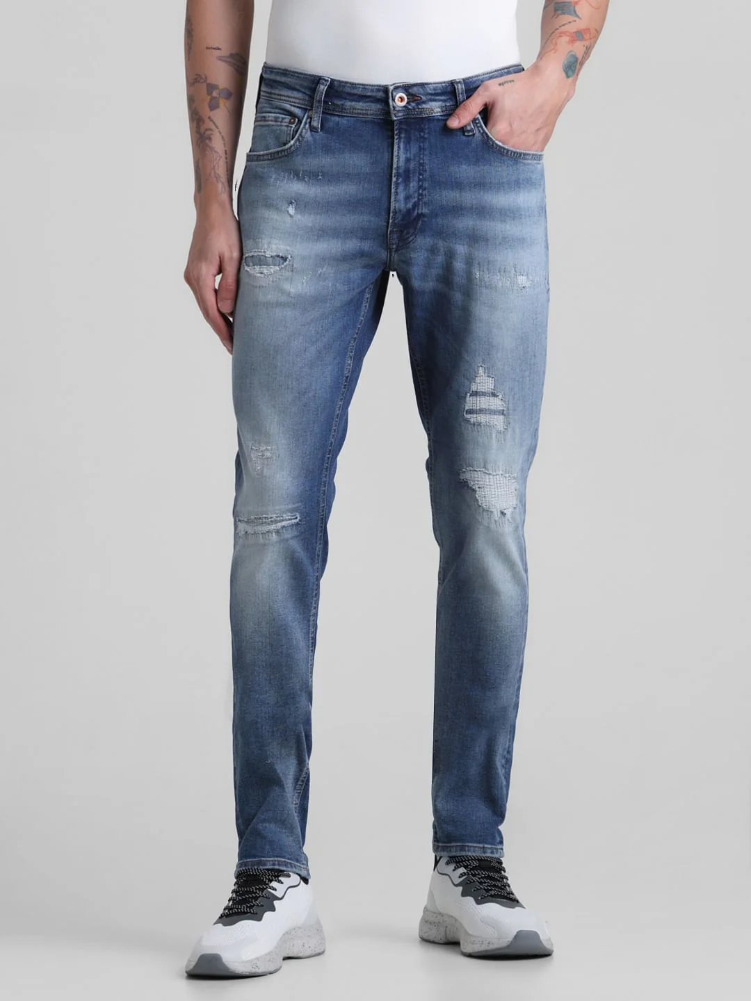 Dark Blue Distressed Liam Skinny Fit Jeans