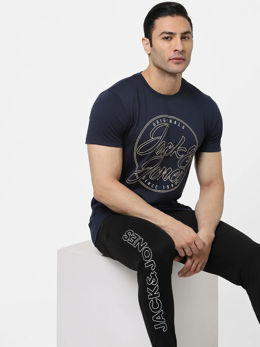 Navy Blue Logo Print Crew Neck T-shirt