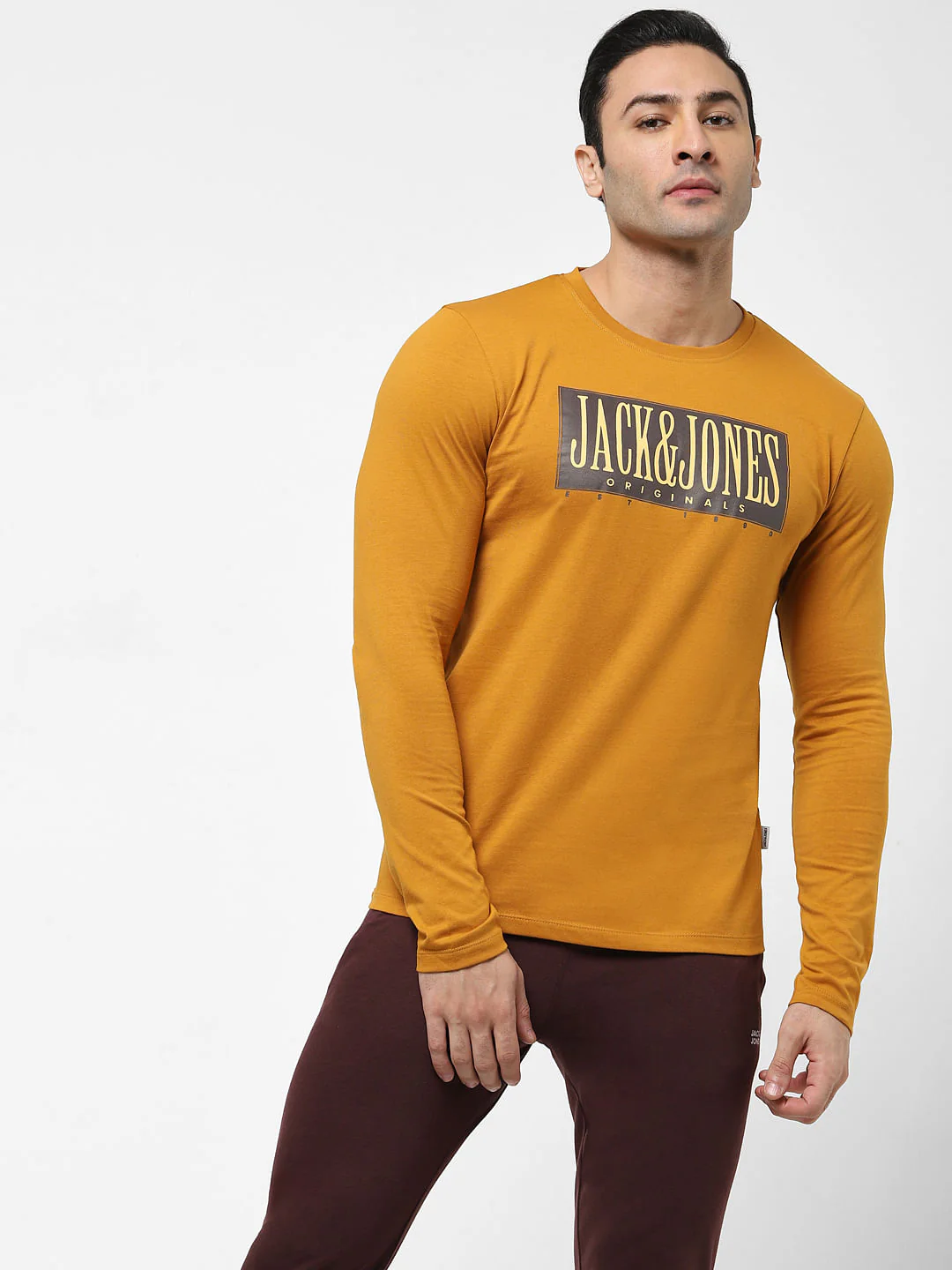 Brown Full Sleeves Crew Neck T-shirt